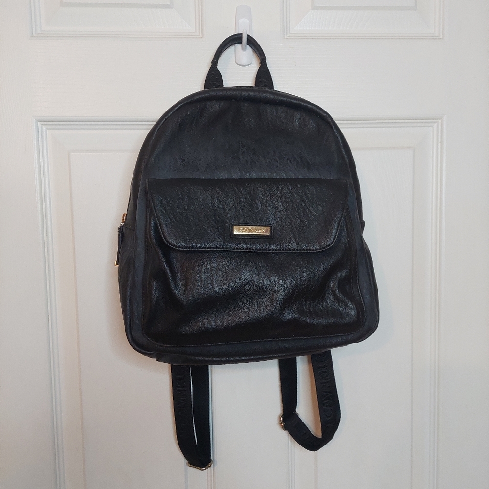 Calvin Klein Black Faux Leather Mini Backpack Travel Carry On Preppy Minimalist